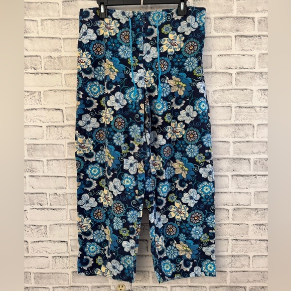 Women’s Vera Bradley blue floral print wide leg 100% cotton casual crop pants M - Picture 1 of 4